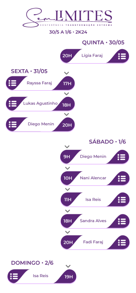 A Conferência de 2k24 - Sem Limites marcará sua vida com um novo tempo. Serão dias onde juntas viveremos milagres, renovo, fé, comunhão e estaremos habilitadas para o novo de DEUS.